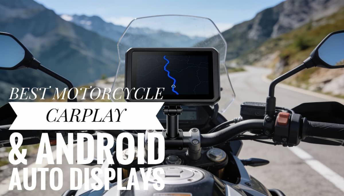 Best Motorcycle CarPlay Android Auto Displays Weatherproof motorcycle CarPlay display mounted on adventure motorcycle handlebars